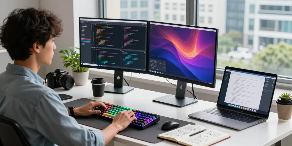 Efficient workspace for 截图软件下载 featuring a developer using advanced software and multiple screens.