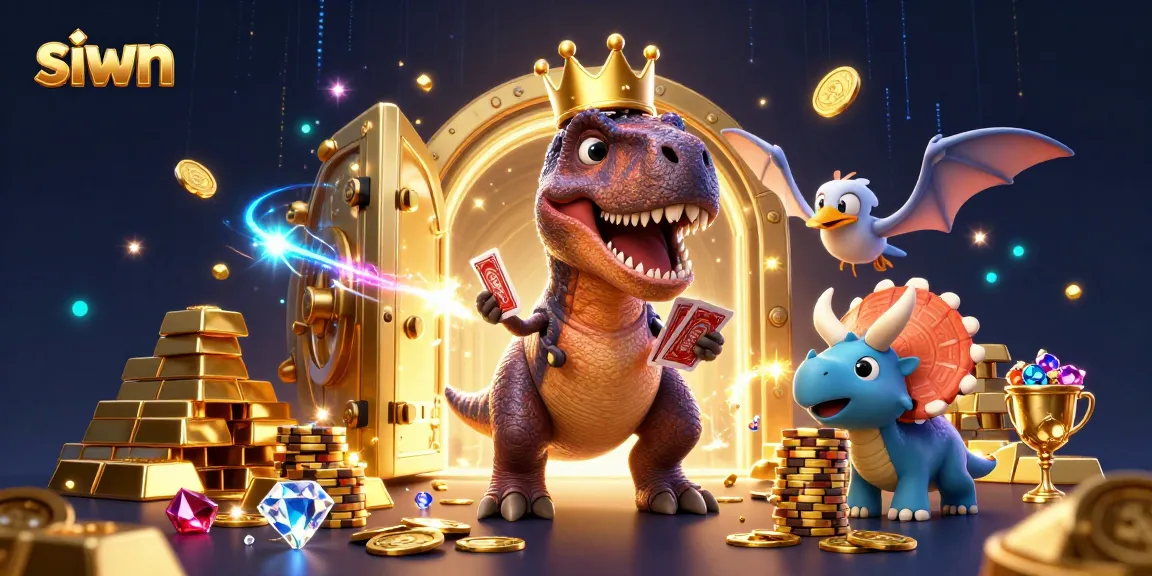 Experience thrilling action at siwn credit card casinos with fun T-Rex, cards, and vibrant gold!
