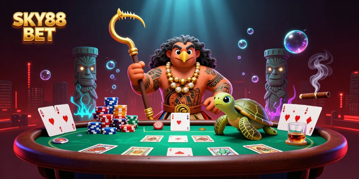 Engage with the SKY88 BET scene featuring a demigod hawk and turtle in intense poker action.