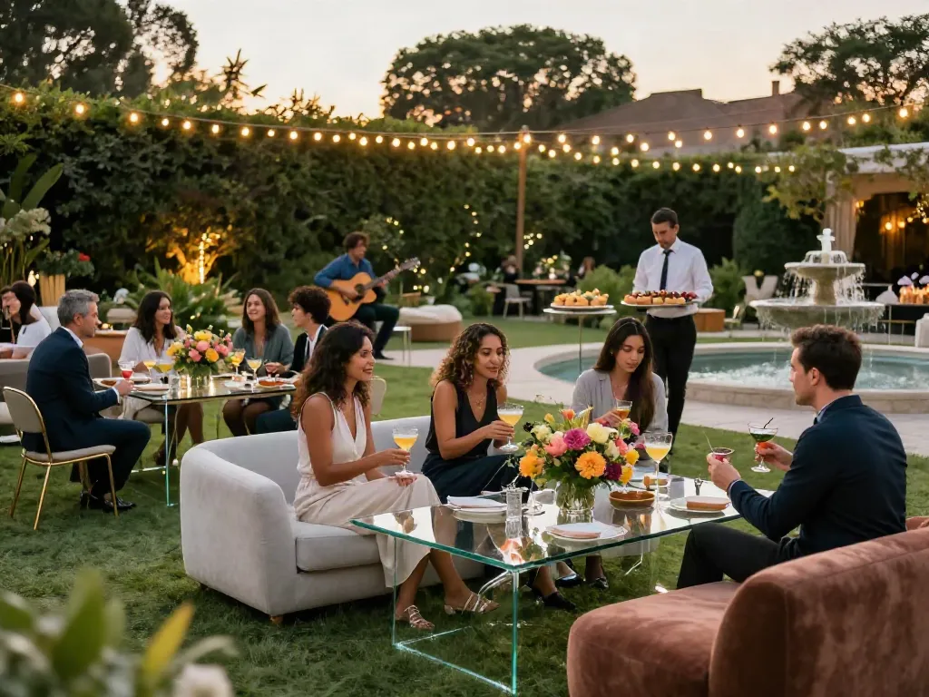 Event furniture rental setup enhancing an elegant outdoor event with stylish seating and decor.