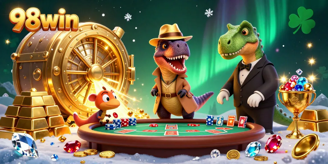 Engage in vibrant casino thrills at 98win with a 3D velociraptor card counter in action at a blackjack table.
