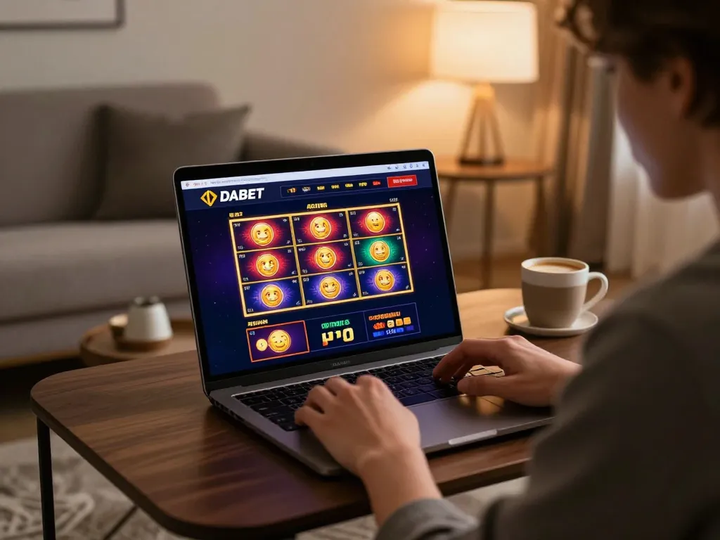 DABET online casino interface showcased in a cozy gaming environment with focused player engagement.