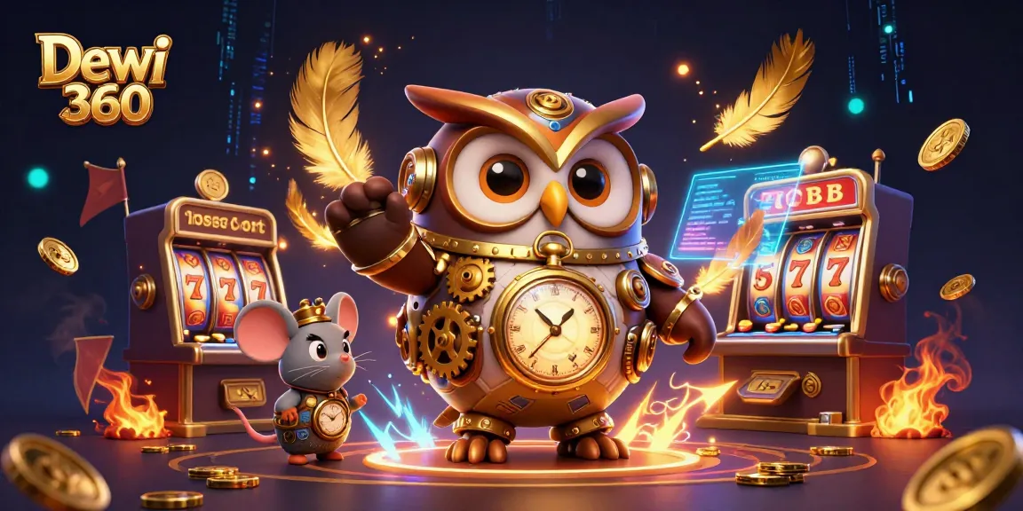 Memenangkan jackpot dengan Dewi 360 dalam ilustrasi kasino digital yang menampilkan mesin slot dan elemen steampunk.