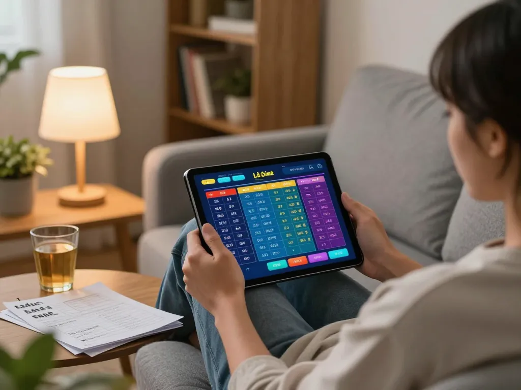 Lô đề online gaming session on a tablet in a cozy living room, highlighting strategy notes and a relaxed atmosphere.