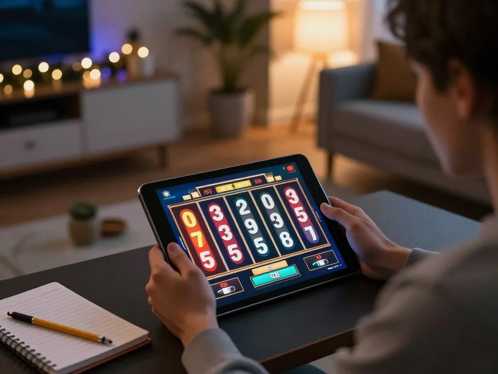 Engaging in online slot gaming on a tablet, NEGO77 player immersed in an exciting gambling experience.