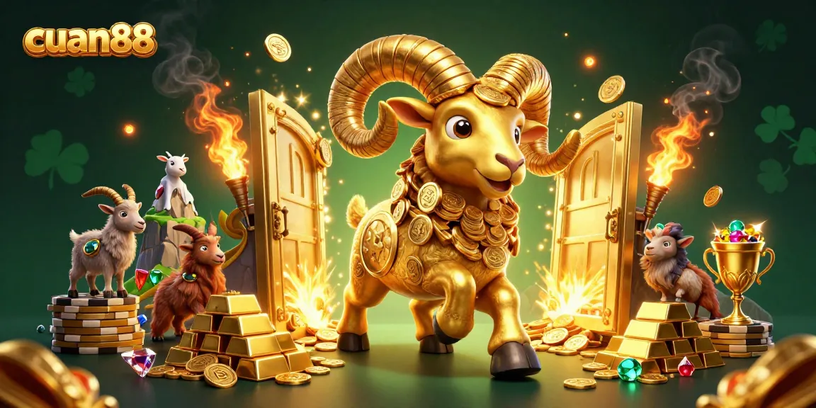 Raih kemenangan besar di cuan88 sambil menyaksikan ram emas berlari di antara tumpukan harta karun dan simbol slot.
