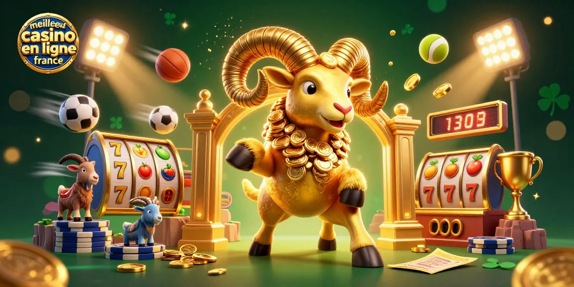 Visualisez le meilleur casino en ligne France avec un bélier doré frappant une porte, entouré de jetons et de billets de jeu.