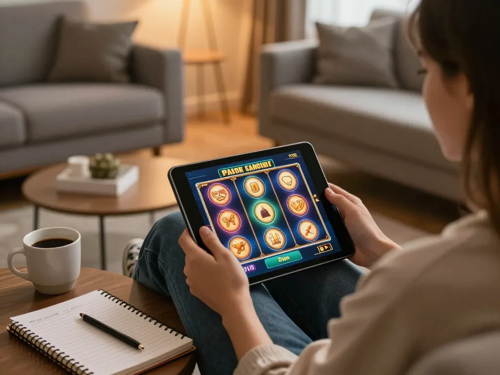 Playing เว็บสล็อต on a tablet in a cozy home setting with warm lighting and strategy notes.