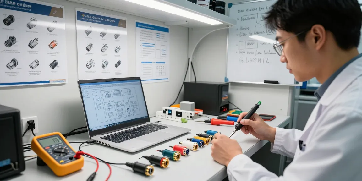 Technician analyzing IEC connectors on a workbench in an electronic workshop.