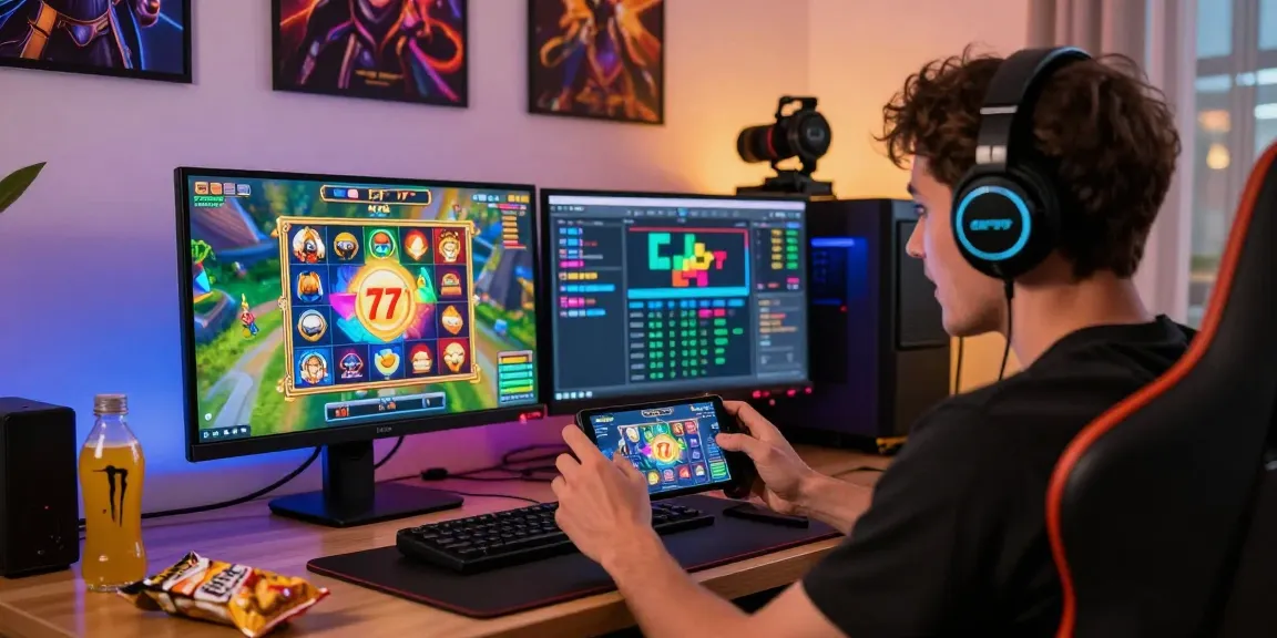 Pengguna bermain slot CR777 di ponsel dengan suasana gaming yang menarik dan aksesori modern.
