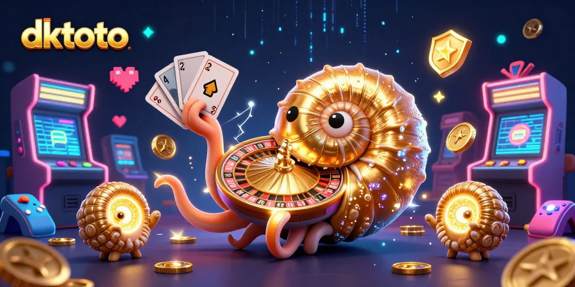Engage in DKTOTO's vibrant 3D gaming universe with a glowing nautilus and dynamic casino elements.