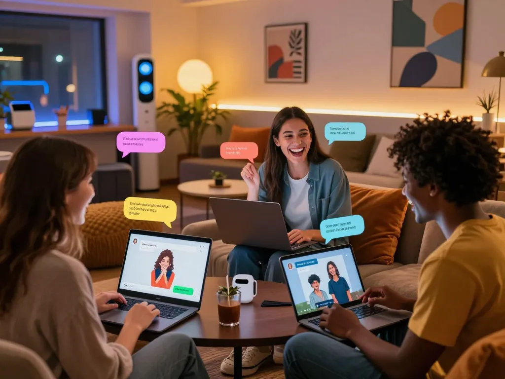 Interactive sex chat AI scene with friends in a vibrant virtual lounge, showcasing playful engagement and modern technology.