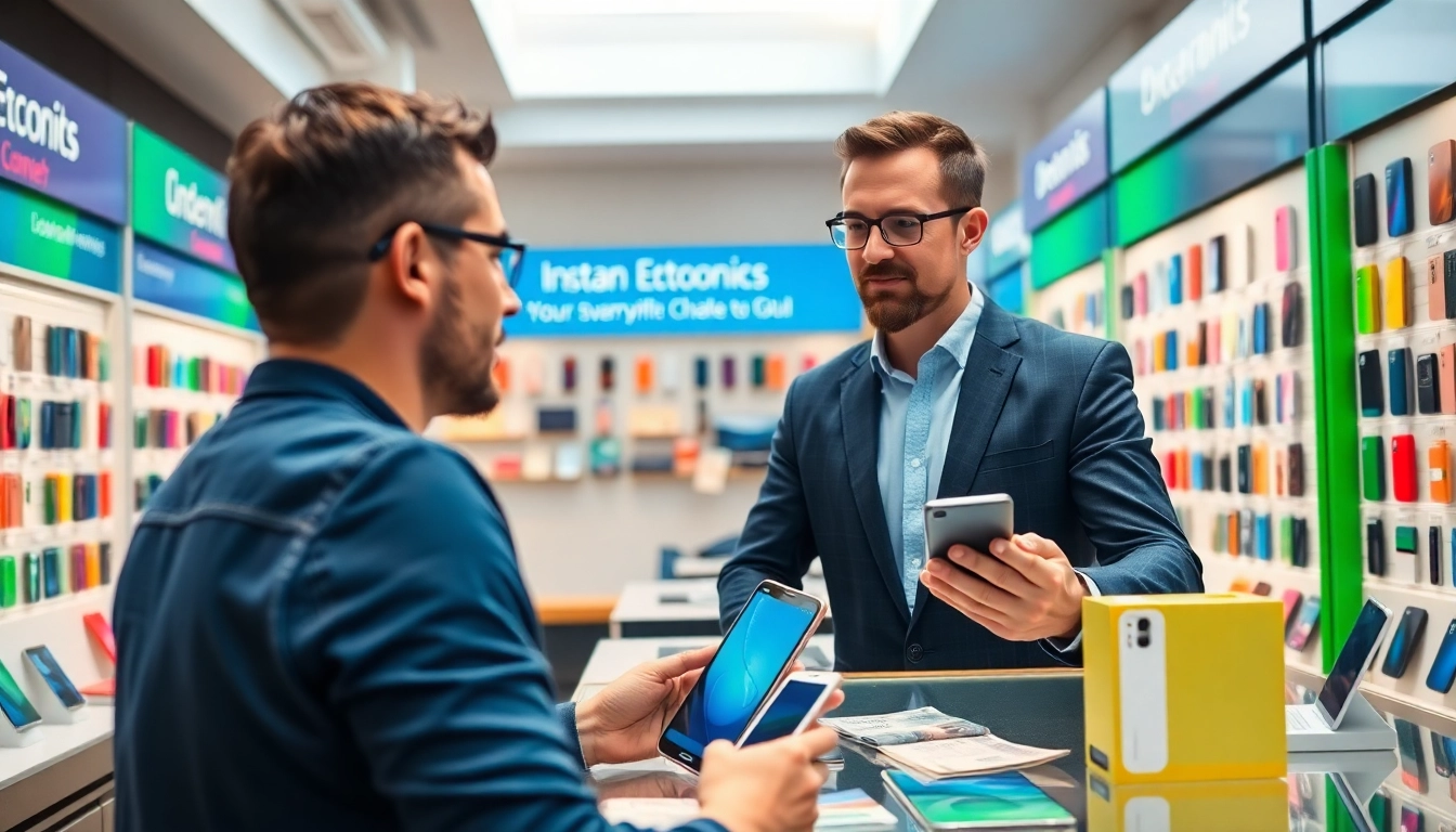 Sell phone for instant cash with vibrant smartphone displays and professional staff in an electronics store.
