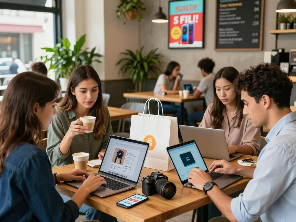 Vibrant online shopping scene at a café highlighting engaging e-commerce experiences on https://hubet88.icu/ with customers exploring products.