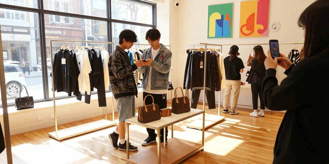 Shopping for stylish 레플리카 items in a trendy urban clothing store with natural light and vibrant atmosphere.