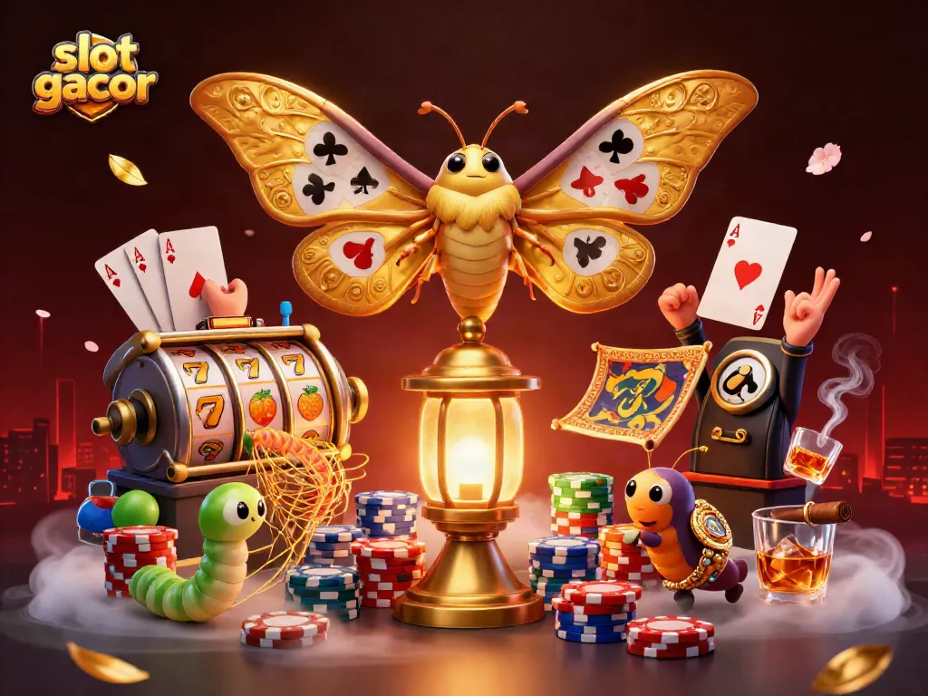 Slot gacor menampilkan kupu-kupu atlas 3D dan elemen kasino yang megah.