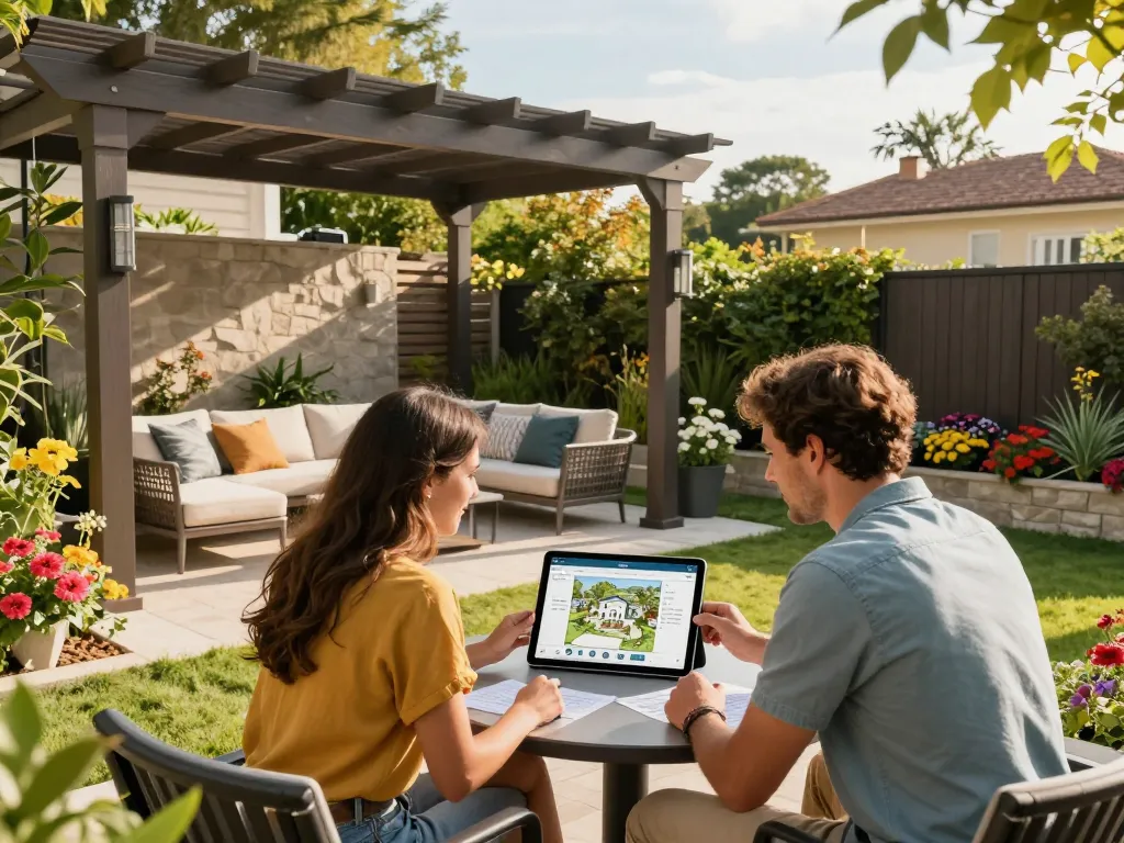 Interactive session using a 3D pergola configurator in a vibrant backyard setting with beautiful landscaping.