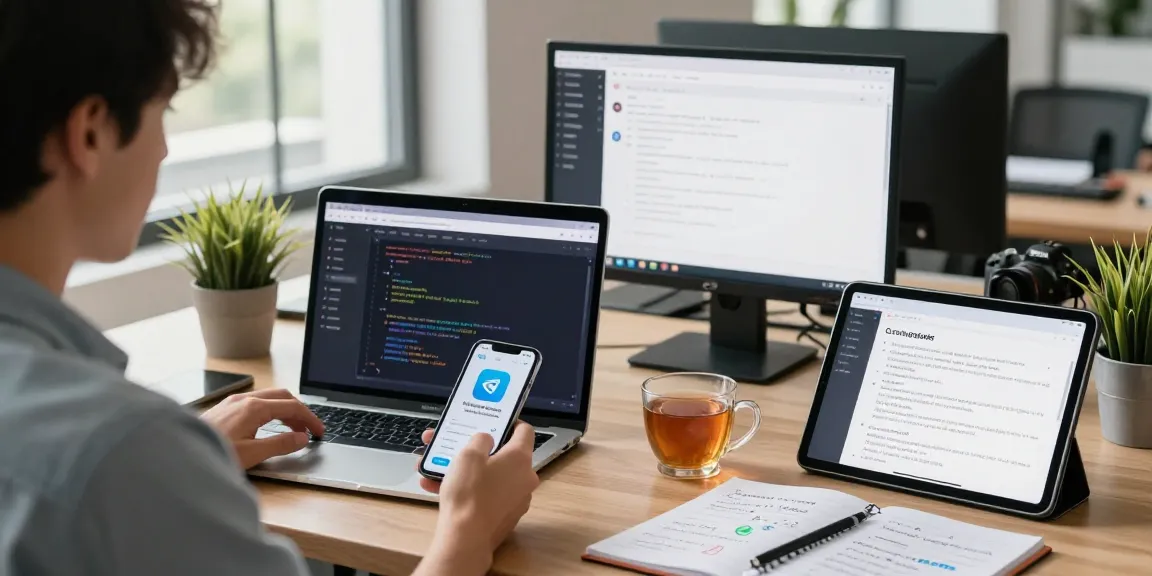 Exploring telegram中文 settings in a modern workspace, showcasing multiple devices and coding notes.