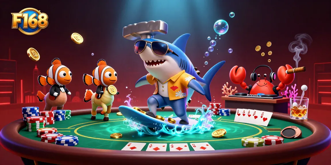 Experience F168's virtual casino thrills with a vibrant 3D shark surfing on coins and lively gaming elements.