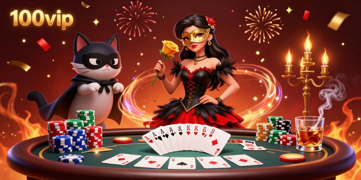 Experience the excitement of 100vip with a dynamic gaming atmosphere featuring a glamorous woman and rich poker elements.