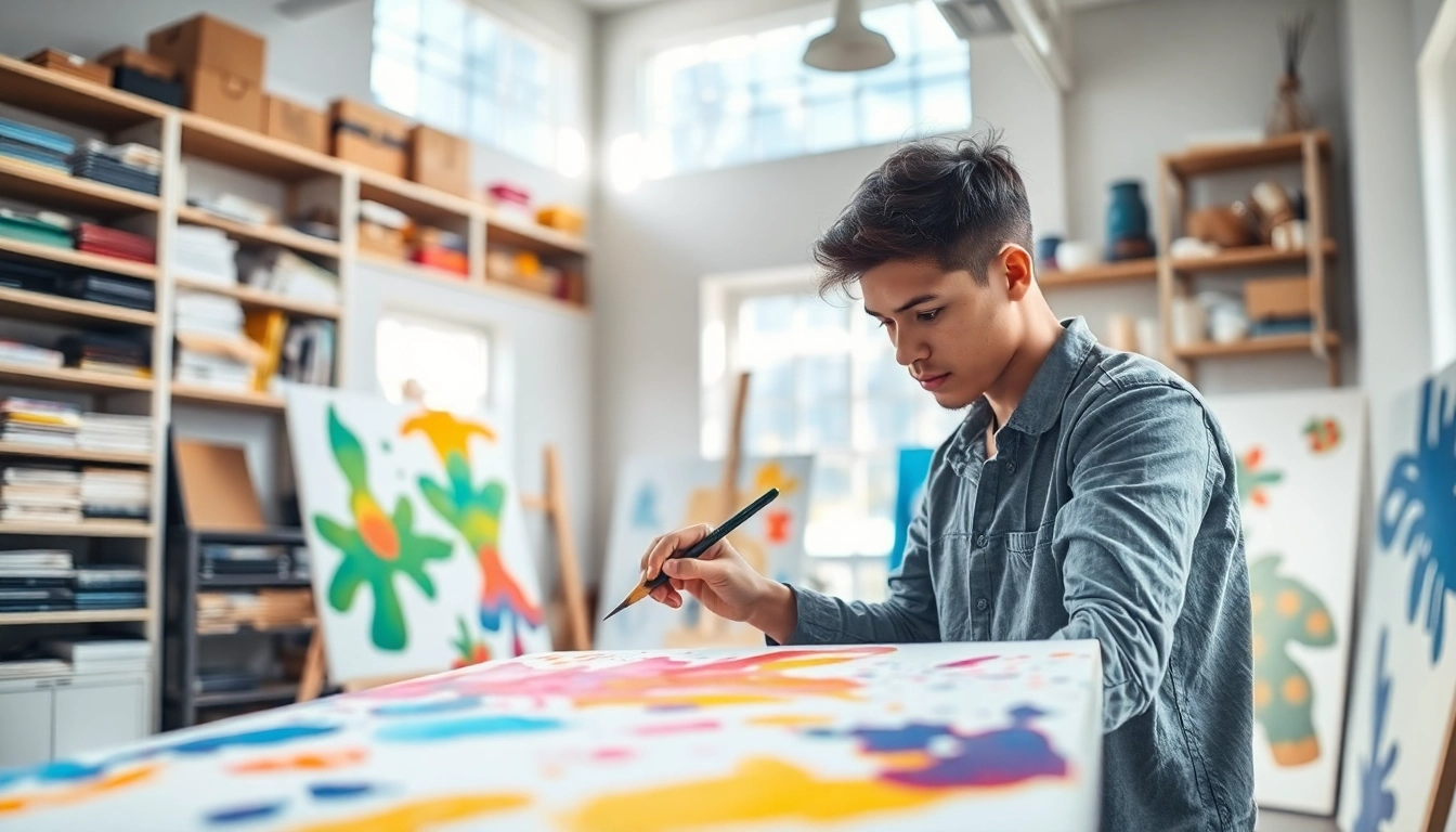 Captivating painting apprenticeship scene with an artist immersed in creativity.
