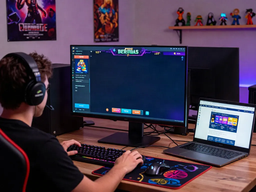 Pengguna aktif bermain game JPTOTO dengan suasana gaming yang dinamis dan perangkat lengkap.