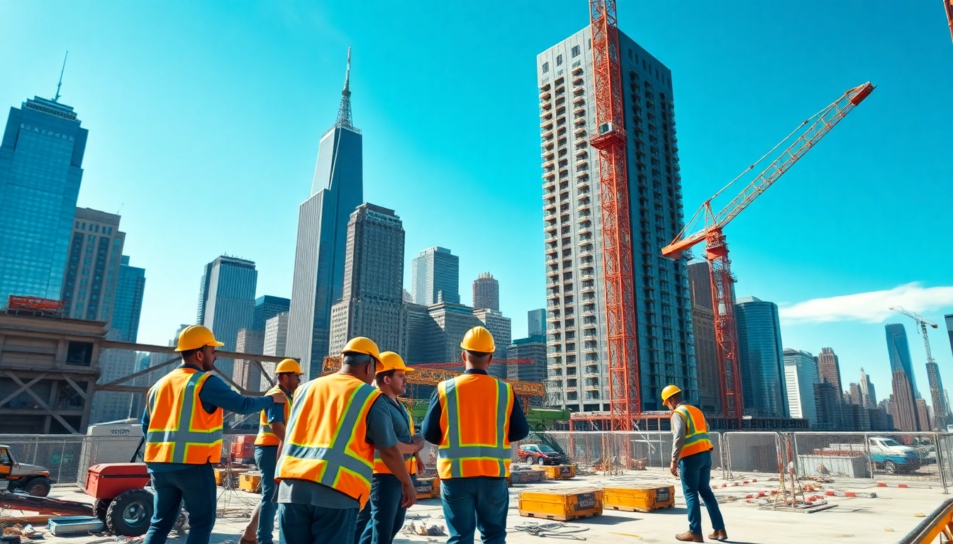 New York Commercial General Contractor overseeing a bustling construction site, showcasing teamwork and urban environment.
