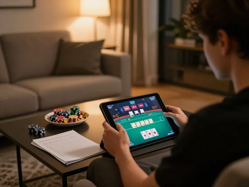 Engaged player enjoying w 88 online poker game on tablet in a cozy living room setting