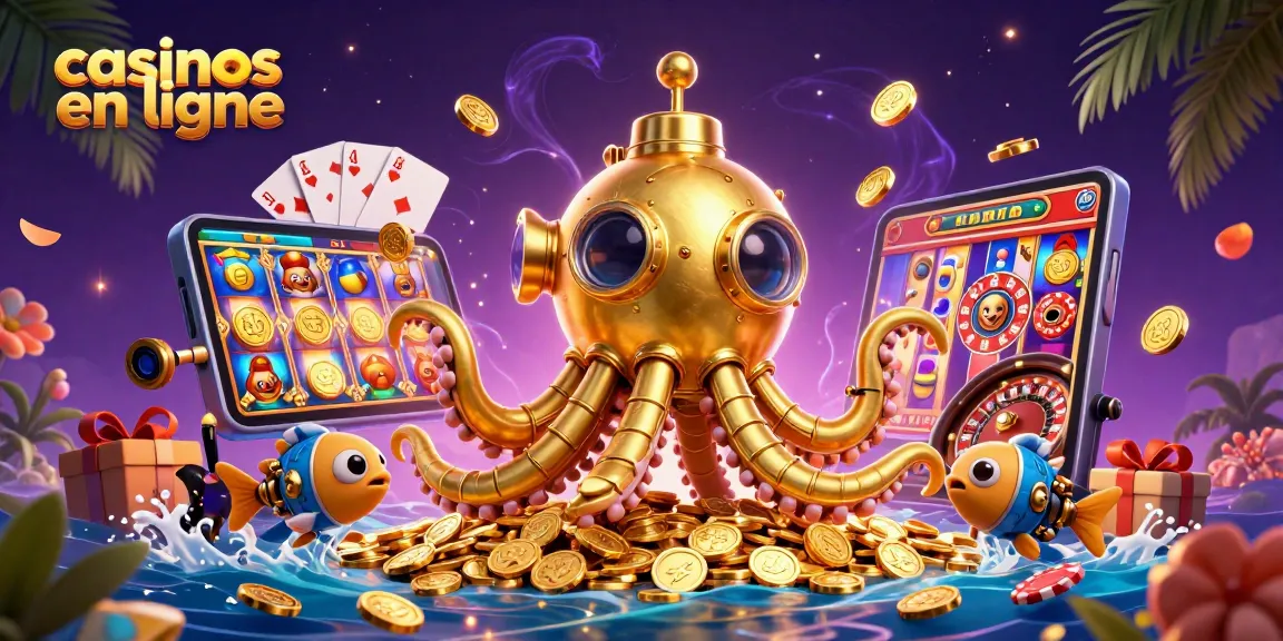 Découvrez les casinos en ligne avec un kraken doré et des jeux trépidants au milieu des pièces d'or.