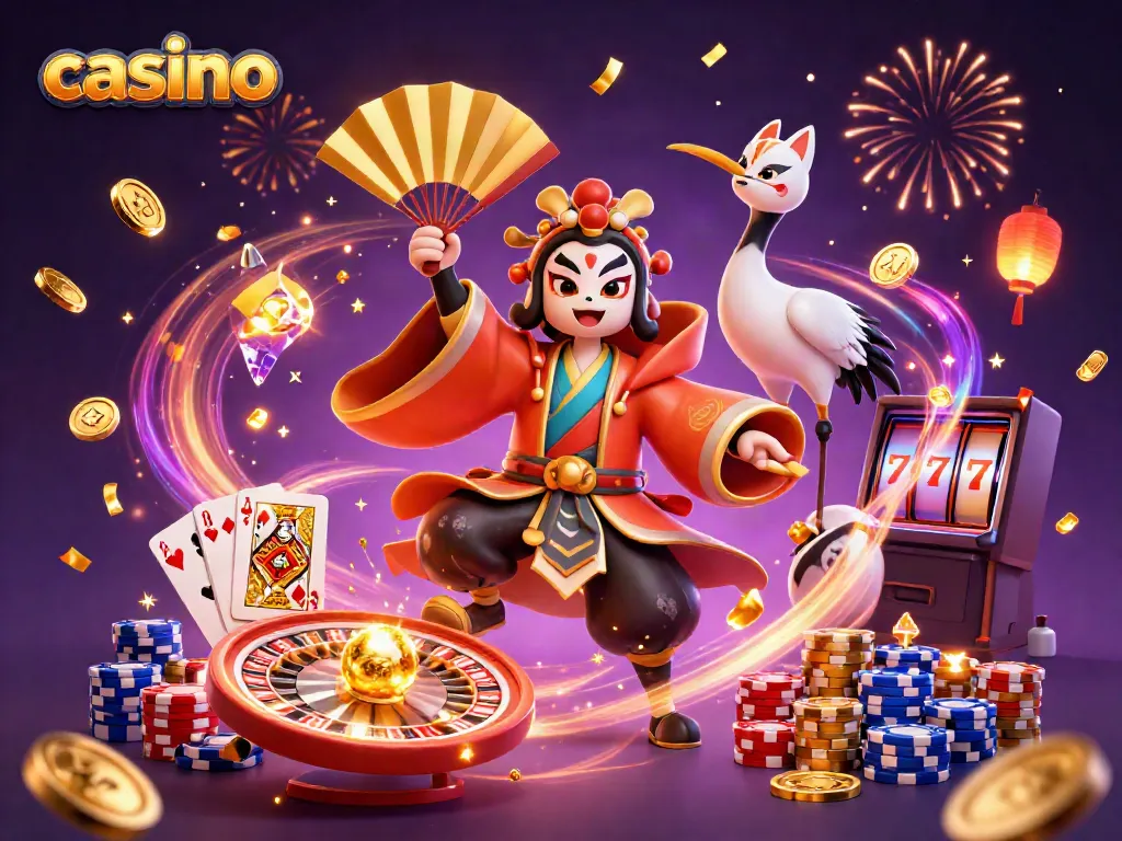 Engage with the vibrant casino scene featuring kabuki warriors, roulette wheels, and festive elements.