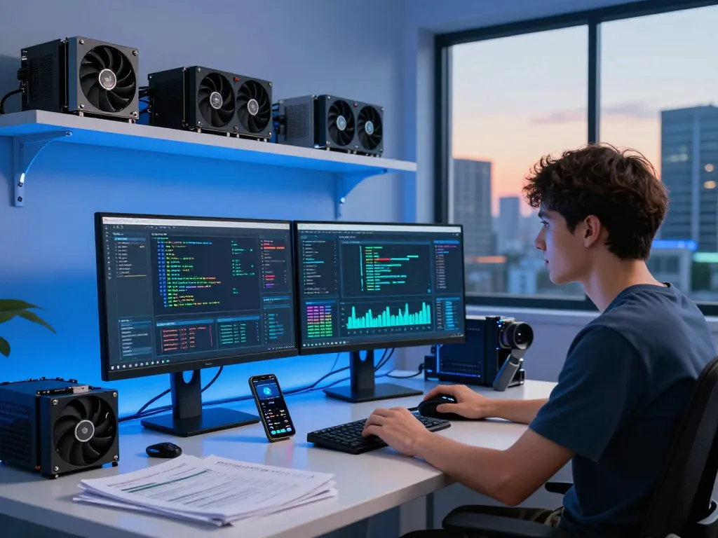 Innovative AI crypto mining workspace with high-tech hardware and analytics.