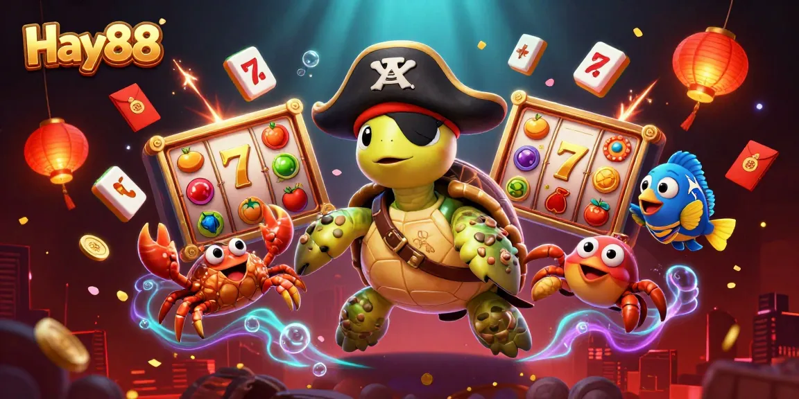 Experience exciting wins at Hay88 with a vibrant pirate-themed casino scene featuring slot reels and sunken treasure