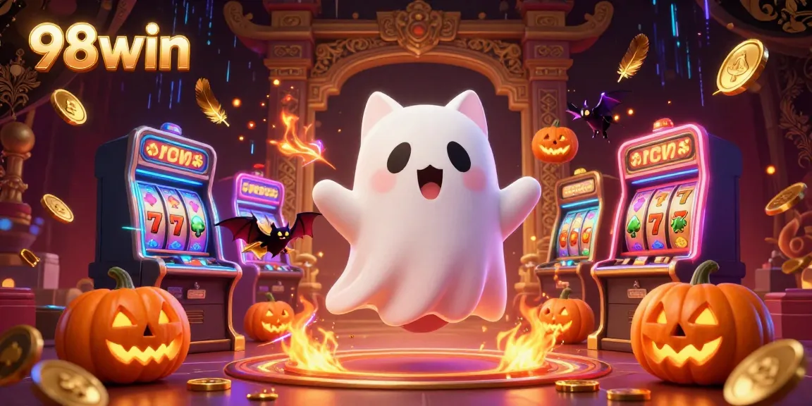 Experience the excitement of 98win with a friendly ghost cat and bat in a lively casino scene filled with slot machines.