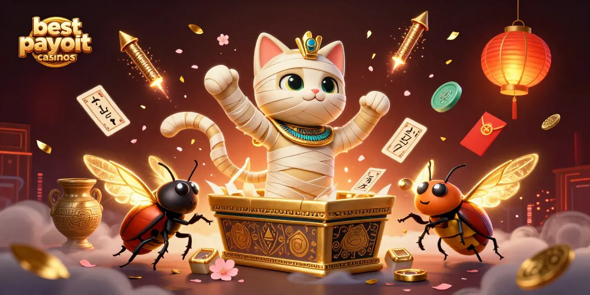Engage with the best payout casinos by exploring a vibrant 3D scene featuring a mummy cat and treasures.