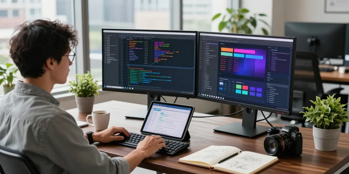 Developer using openclaw ai on dual monitors in a bright office workspace, emphasizing productivity.