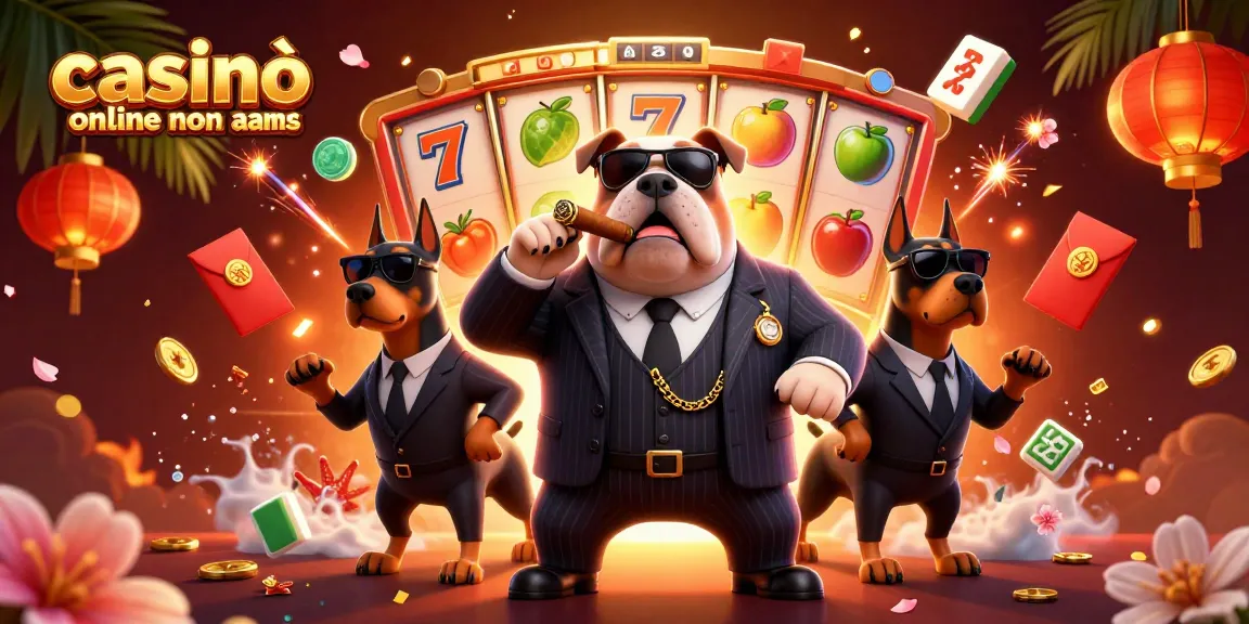 Scopri il gioco di alta qualità nei casinò online non aams, con immagini vivaci di slot, lanterne e bulldog mafiosi.