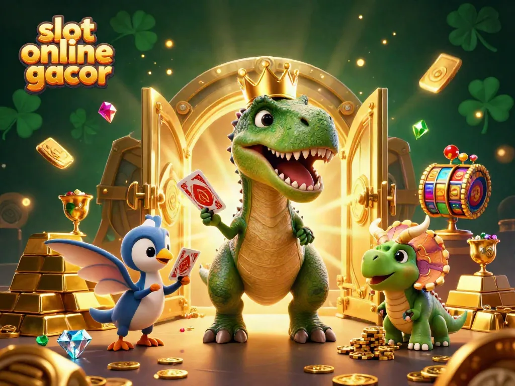 Experience the thrill of slot online gacor with a whimsical T-Rex playing cards and a pterodactyl, surrounded by a treasure-filled casino scene.