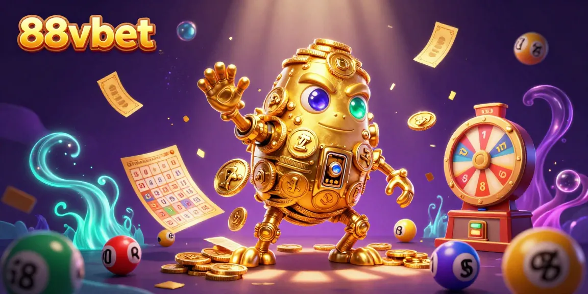 Engage with 88vbet's vibrant gaming world featuring golden golems and dynamic lottery elements.