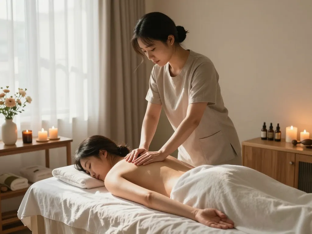 고요한 웰빙 센터에서 치료사를 강조한 편안한 인계동마사지 장면, 차분한 분위기를 조성합니다.
