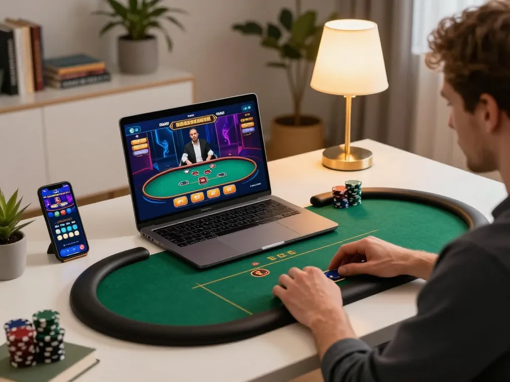 Engaging online gameplay at home with XX88 poker setup on laptop, showcasing strategic betting action.