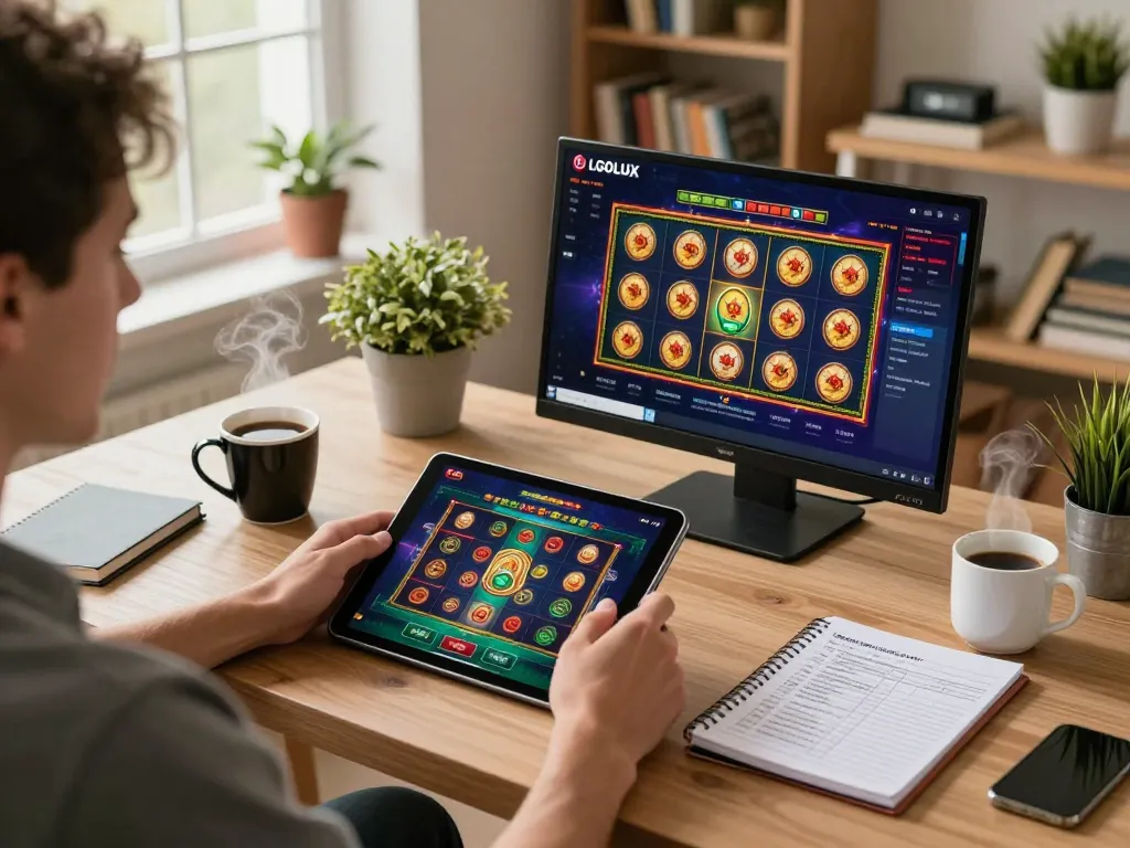 Engaging in responsible gaming on the LGOLUX platform while planning bankroll strategies in a cozy home environment.
