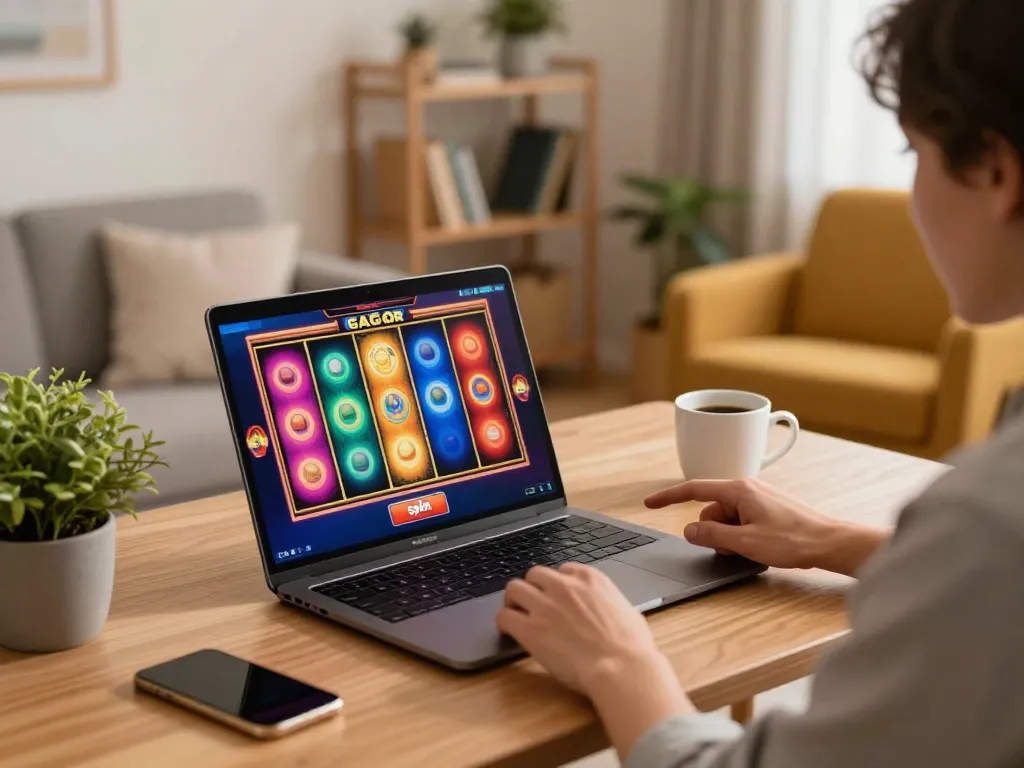 Player engaging with exciting slot gacor game on laptop during home gaming session.
