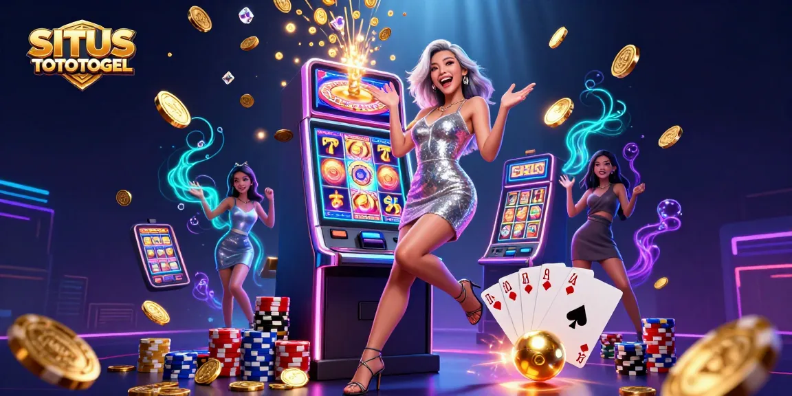 SITUS TOTOTOGEL showcases a vibrant casino scene with an Asian woman celebrating a slot jackpot amidst flying coins and cards.