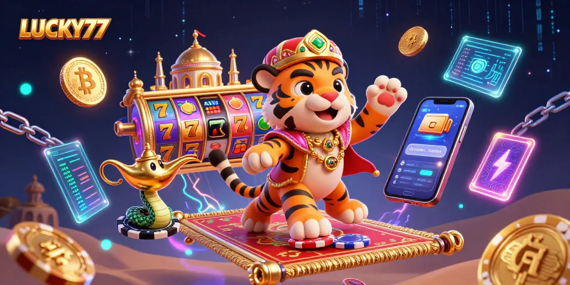Hit the jackpot with LUCKY77 in a vibrant, Arabian Nights-themed casino scene.