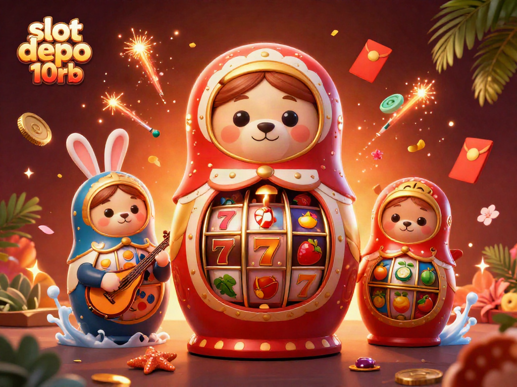 Engage in slot depo 10rb excitement with a vibrant 3D casino illustration featuring dynamic characters and gaming elements.