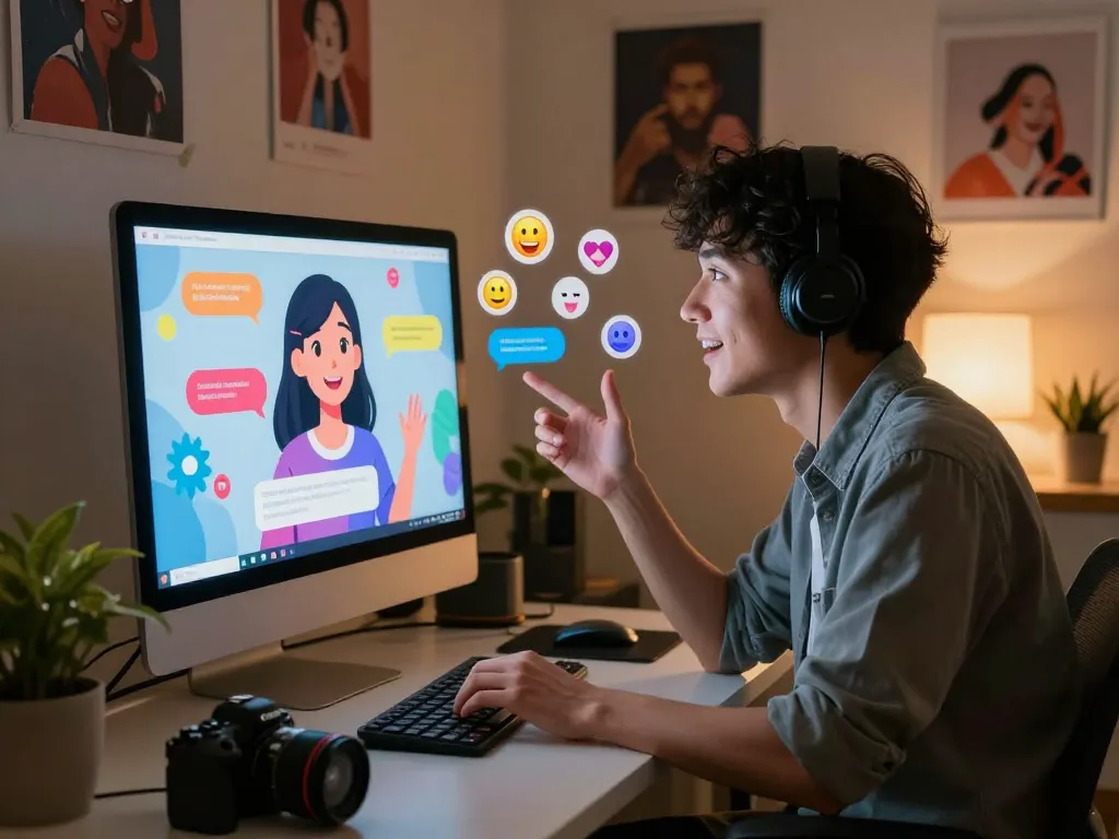 Engaging chat with an AI girlfriend chatbot in a cozy home office setting.