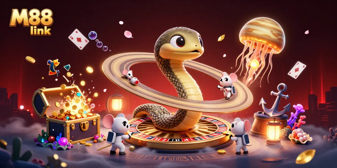 Engage with the exciting M88 link as astronaut mice playfully bet on a cosmic roulette in a vibrant 3D casino scene.