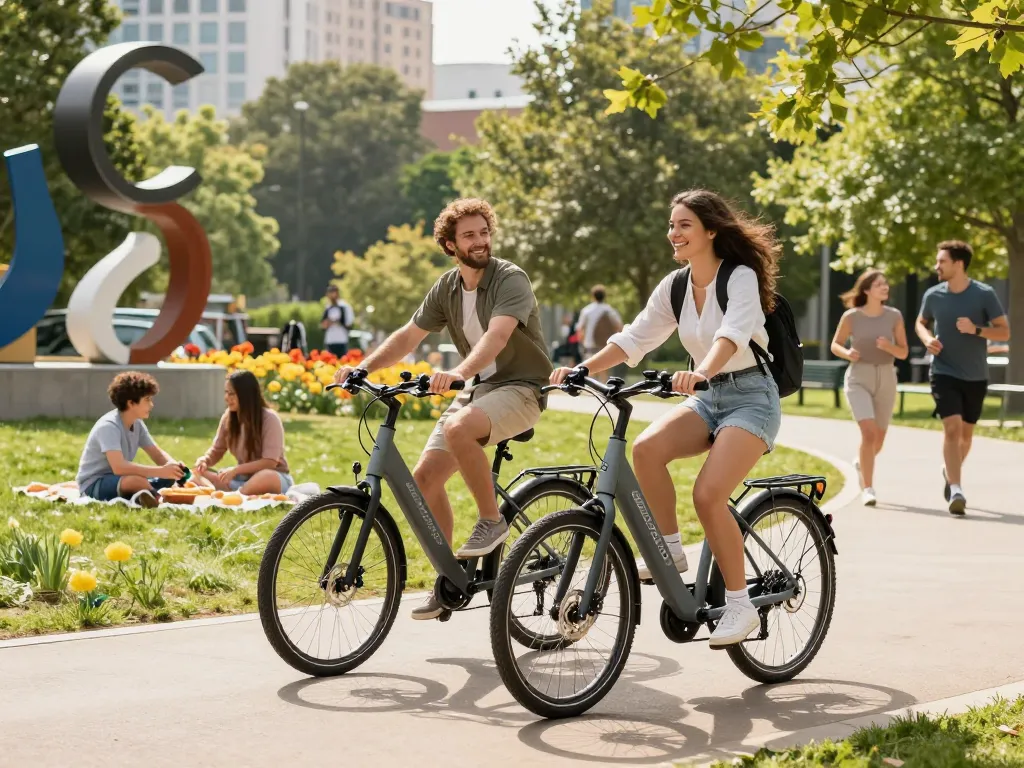 Doppio e-bike 2x in action, showcasing two riders enjoying an urban park ride.
