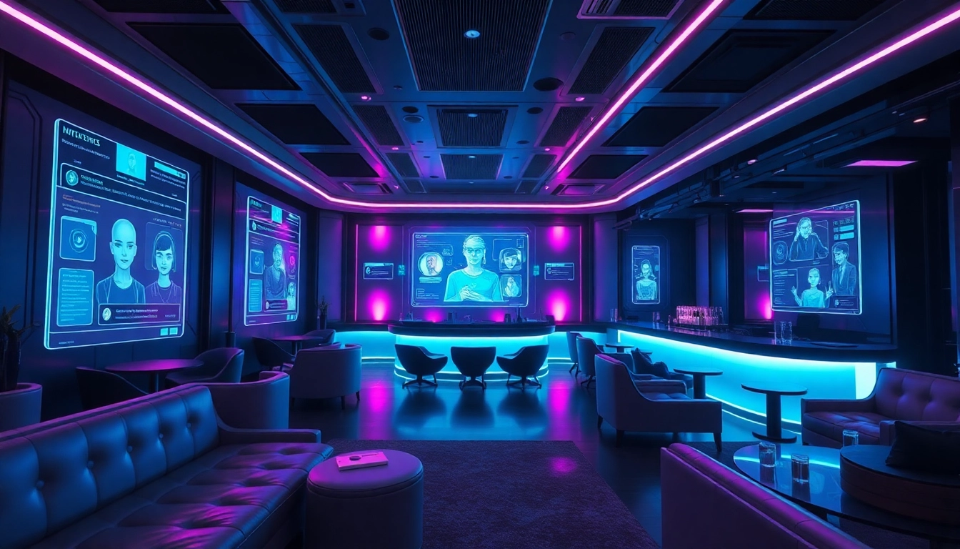 Engaging NSFW AI chat in a futuristic lounge with holographic interfaces.