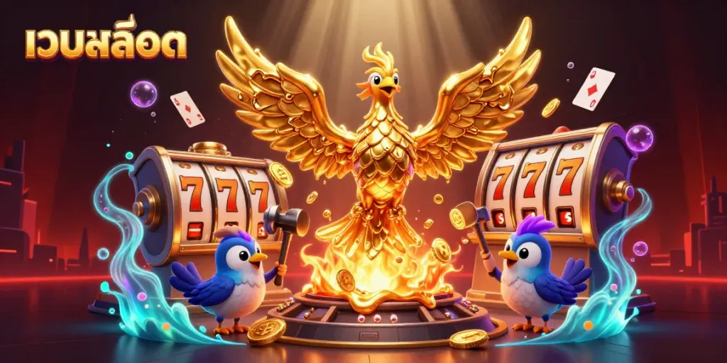 Spin the เว็บสล็อต reels alongside a molten golden phoenix in a vibrant casino scene.